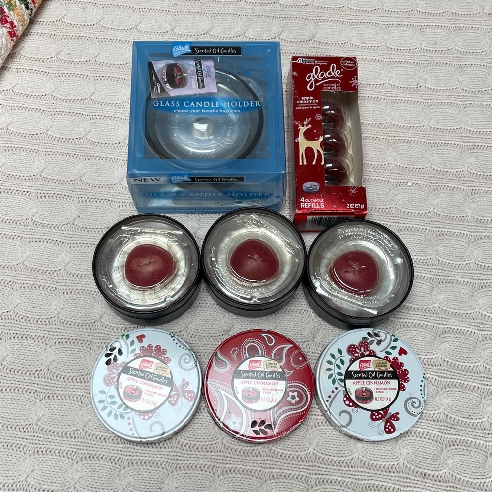 New Glade scented oil candles lot 3 Apple cinnamon tins, glass holder, 4 refills